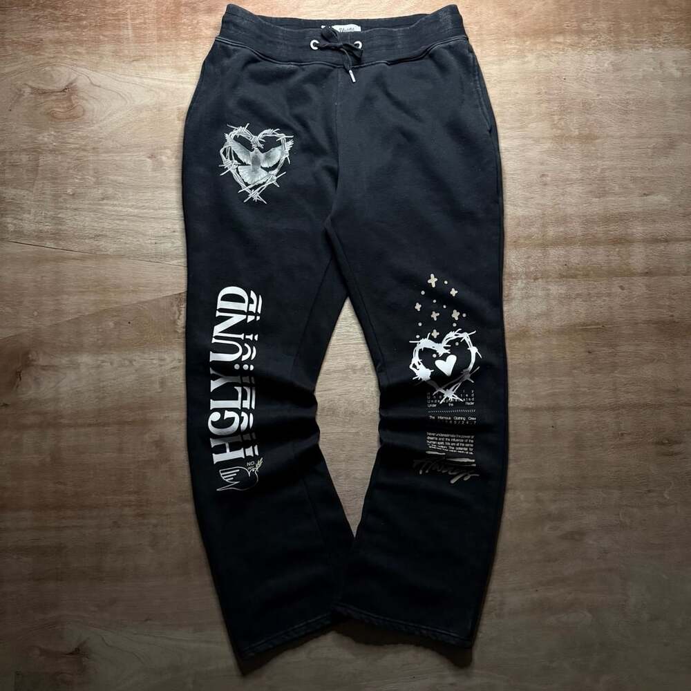 Highly Undrtd Black Graphic Sweatpants Large Dove Barbed Wire Grunge Streetwear